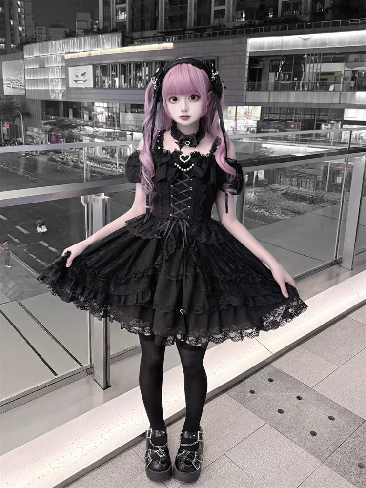 Black Jirai Kei Open Shoulder Dress, Rhinestone Strap 44950:832345
