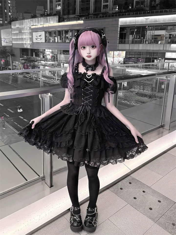 Black Jirai Kei Open Shoulder Dress, Rhinestone Strap 44950:832345