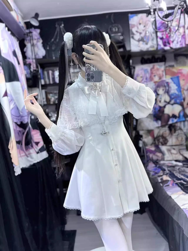 Jirai Kei Dress Lace Cape Dress Chiffon Long-sleeved Dress (L M S XS / White) 39730:634434