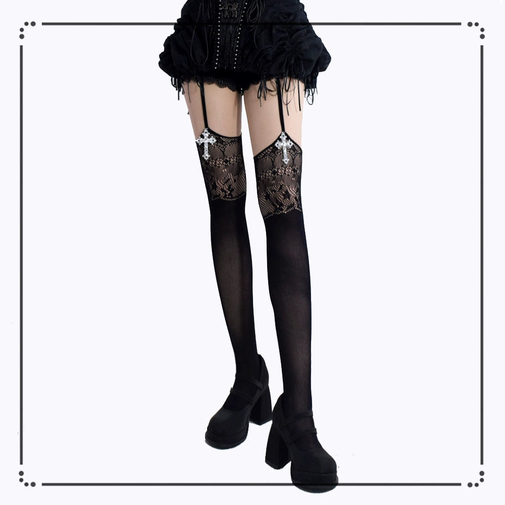 Gothic Garter Stockings, Cross Pendant + Lace Cutout 43654:782623