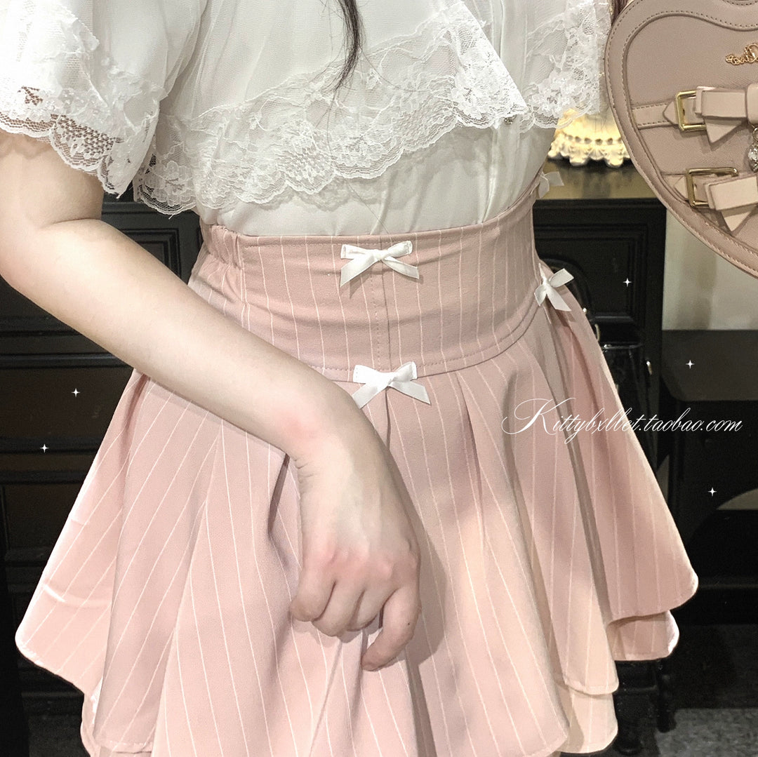 Striped Jirai Kei Skirt With Elastic Waist & Built-in Shorts (Pink / L M S) 43074:764422