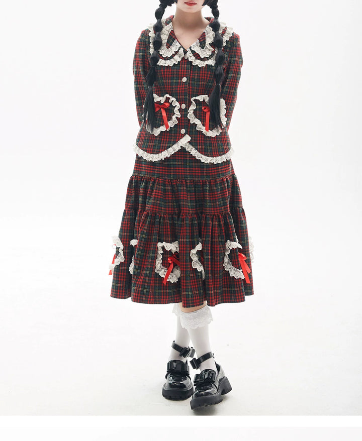 Retro Lolita Skirt Showa Christmas Winter Red Plaid Skirt 40316:662924