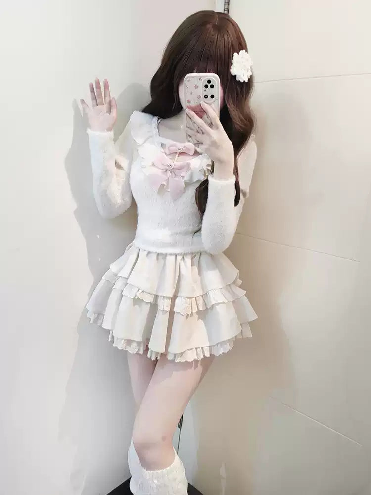 Sweet Kawaii White Sweater Cake Skirt Set 41556:703754