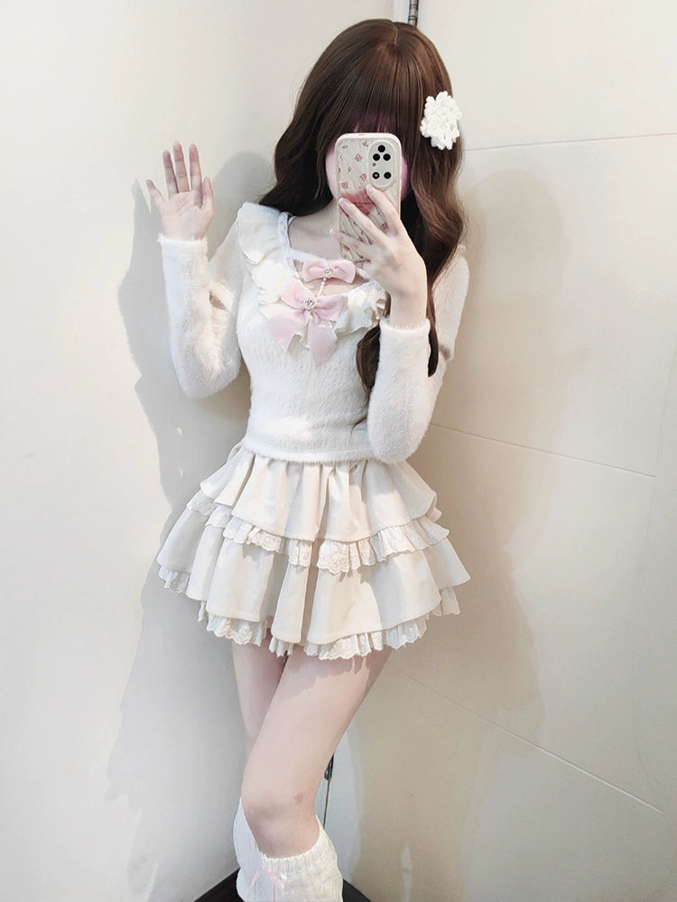 Sweet Kawaii White Sweater Cake Skirt Set 41556:703682