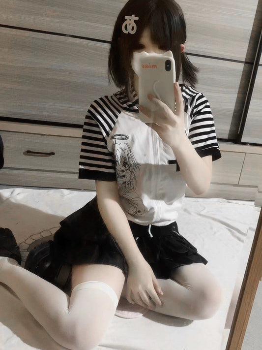 Yami Kawaii T-shirt Black and White Striped Top With Hood 37272:553538