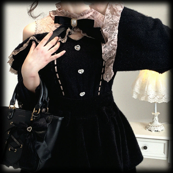 Jirai Kei Off-Shoulder Sweater, Lace Neck 44471:811027