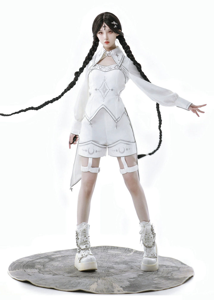 Cyberpunk Cloak Set White Hooded Cloak Top And Shorts 38820:602084