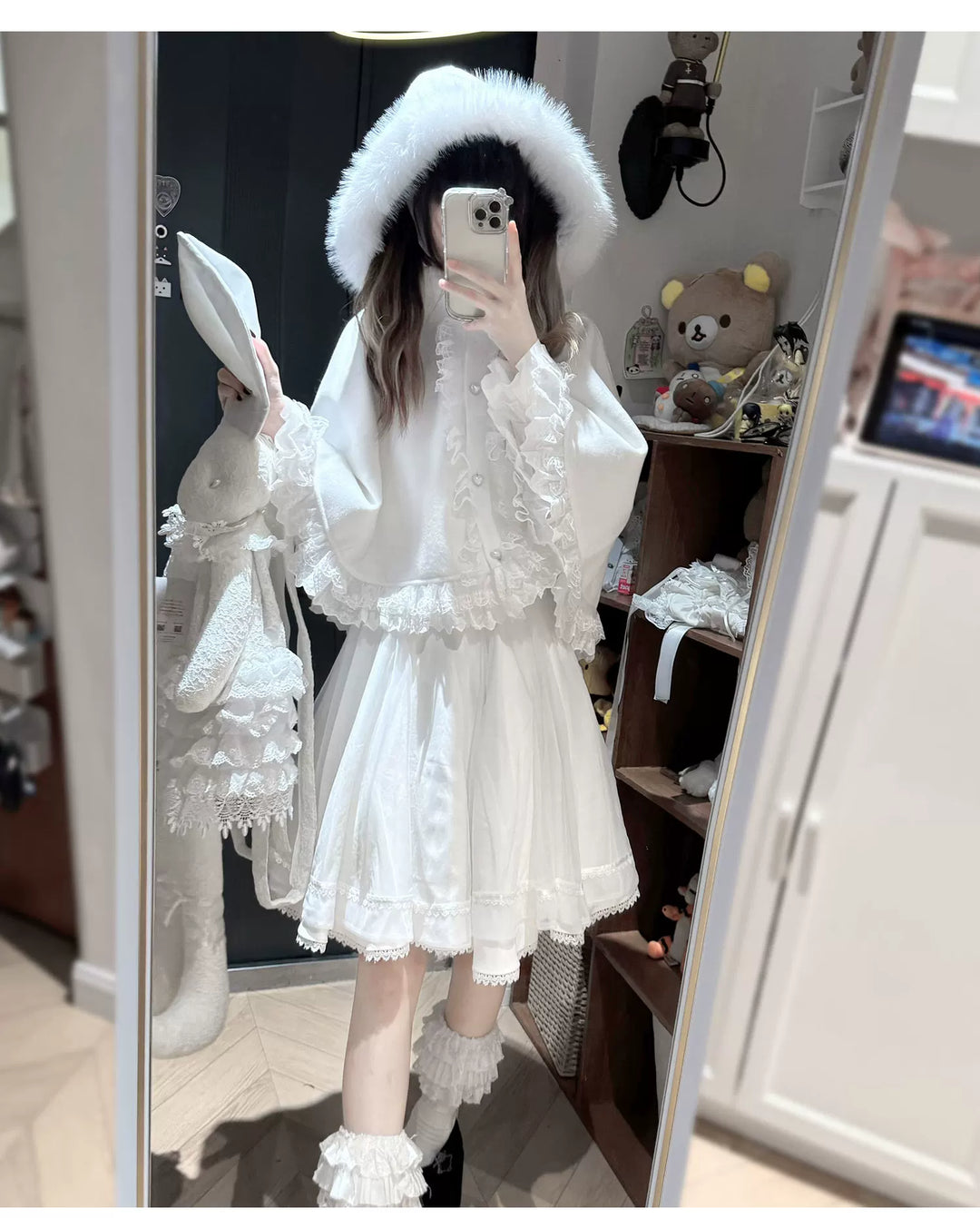 Jirai Kei Winter Cape, Lace Blouse, High-Waist Skirt 44199:808474