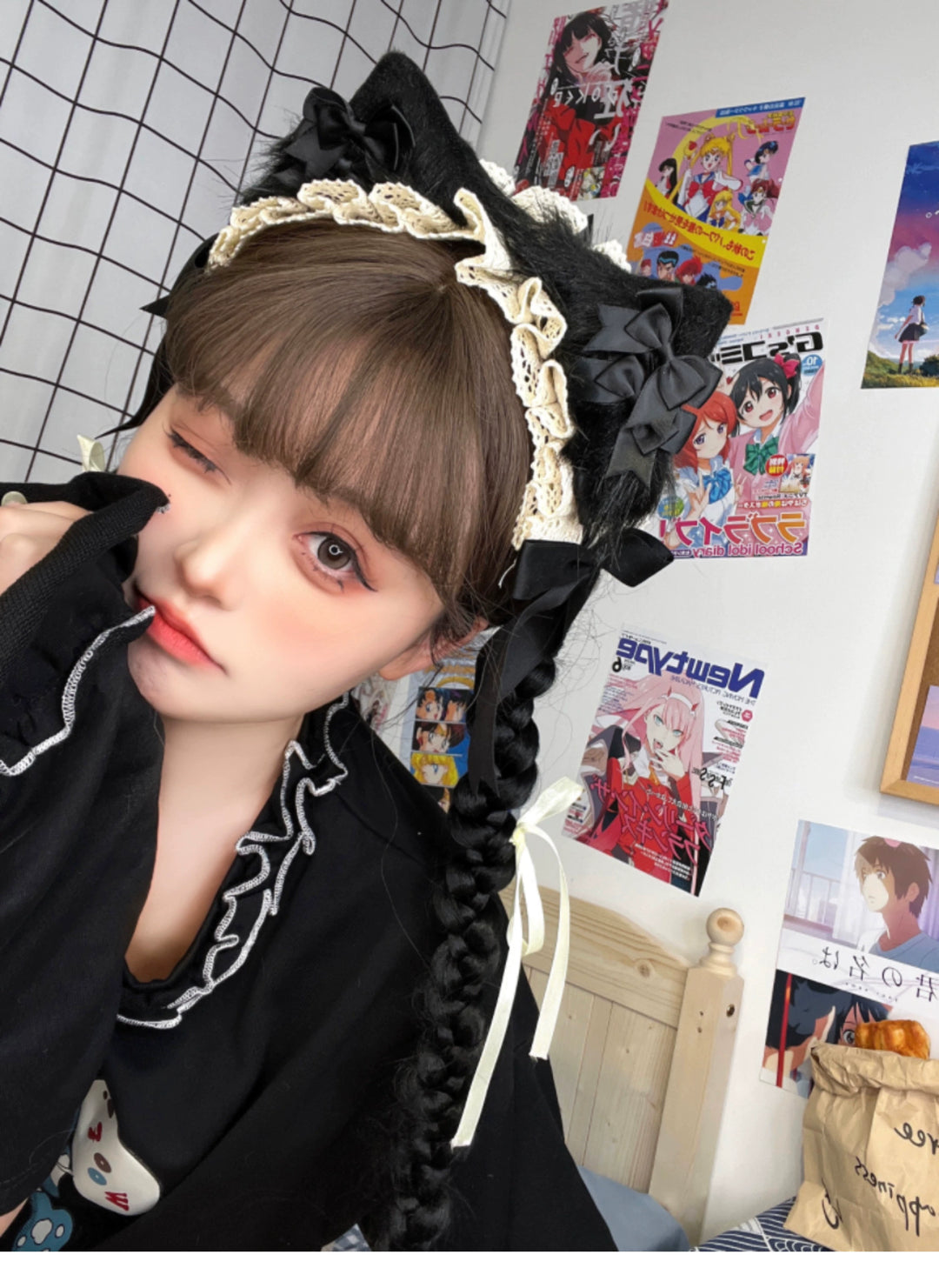 Lolita Headwear Handmade Cat Ears Hairband Black White Bow 28946:332734 28946:332734