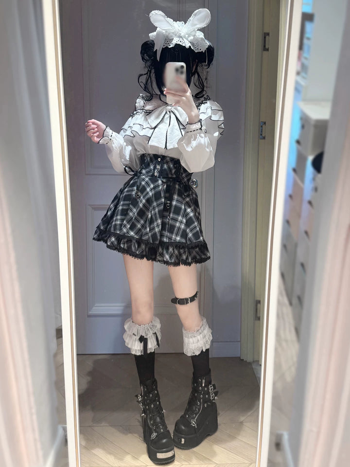 Jirai Kei Plaid Skirt, Ruffled Neckline Chiffon Blouse 45935:868700