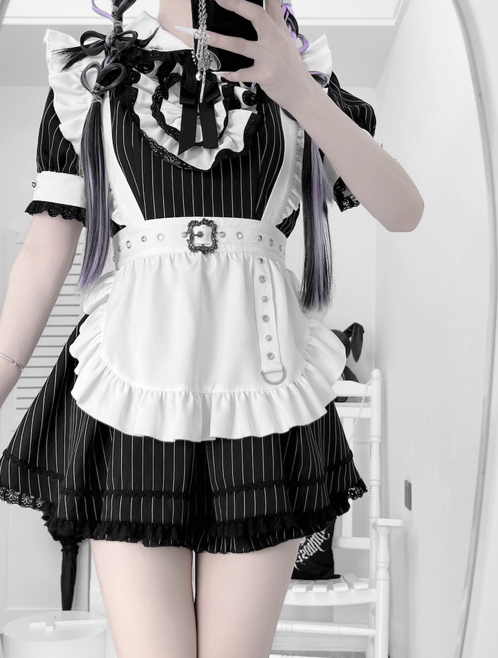 Maid Style Jirai Kei Dress Set, Pocketed Shorts + Apron 43439:778413