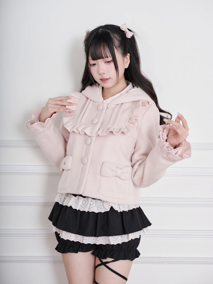 Ryousangata Hooded Solid Coat, Ruffled Neckline 45955:870324