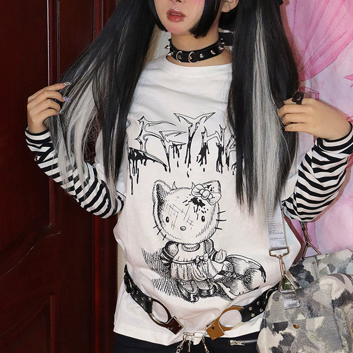 Punk Top Y2K Shirt False Two Striped Long Sleeve T-shirt 34484:538270 34484:538270