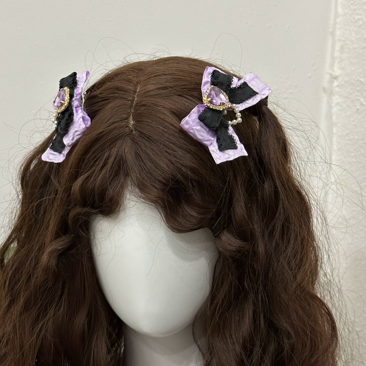 Jirai Kei Hair Clip Black Purple Rhinestone Bow Hair Clip 32182:467242 32182:467242