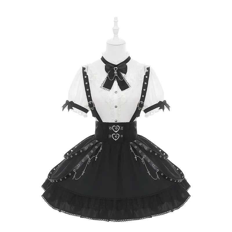 Punk Suspender Skirt, Stand Collar Blouse 45578:855971