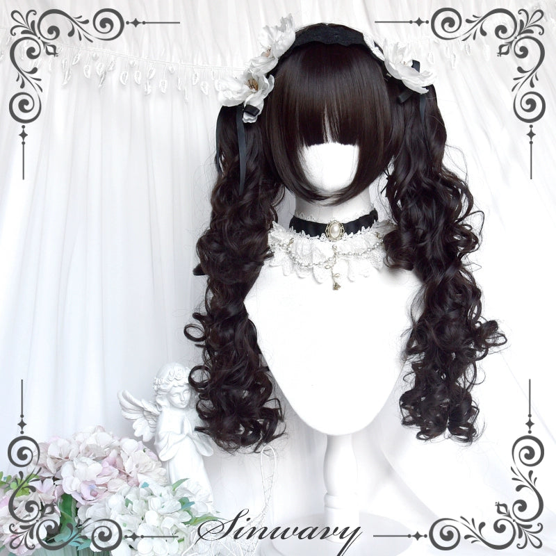 Black Jirai Kei Wig Set Lolita Roman Curly Double Ponytail 42183:730972