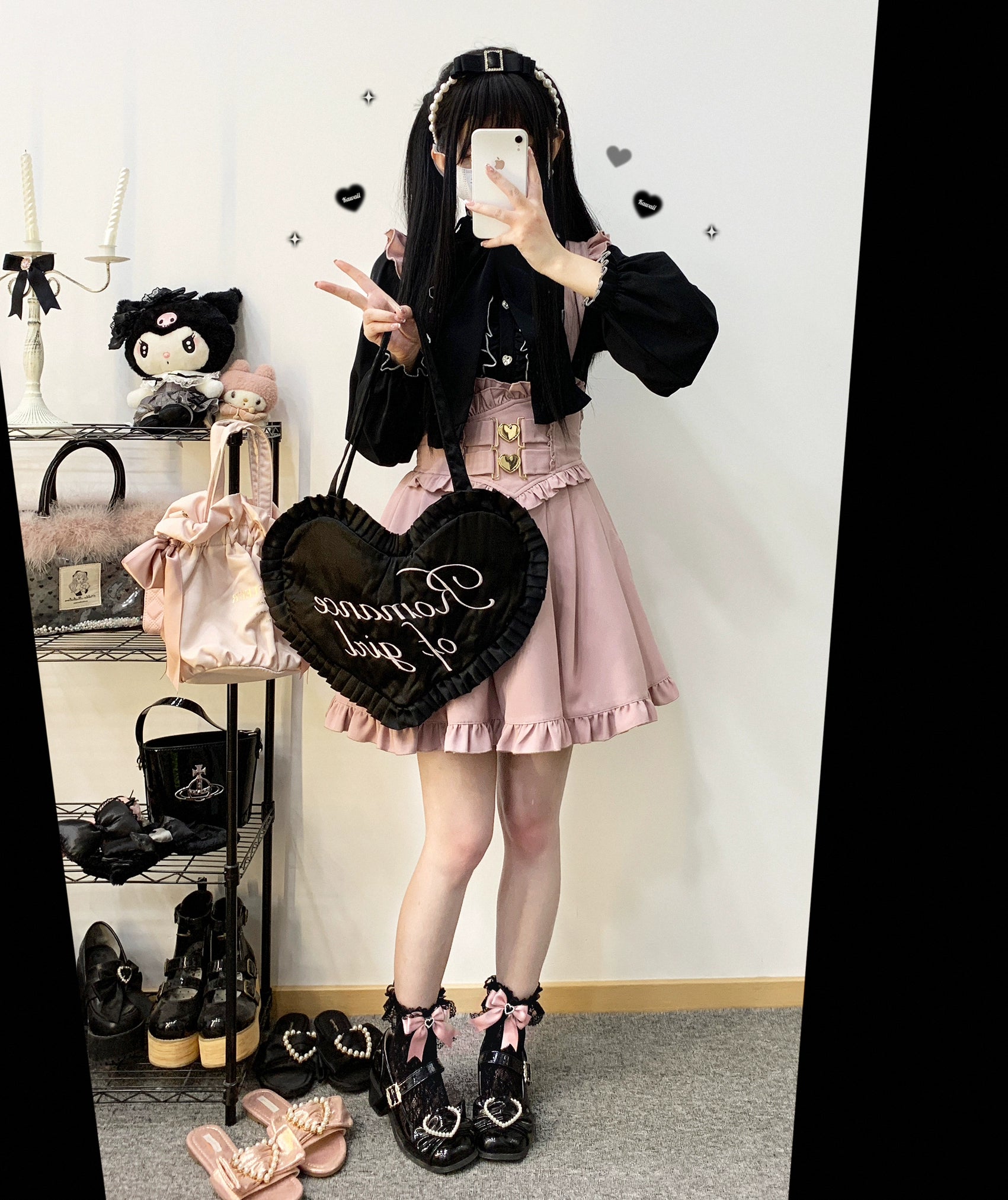 Jirai Kei White Black Blouse Lace Standing Collar Long Sleeved Shirt 31852:372710