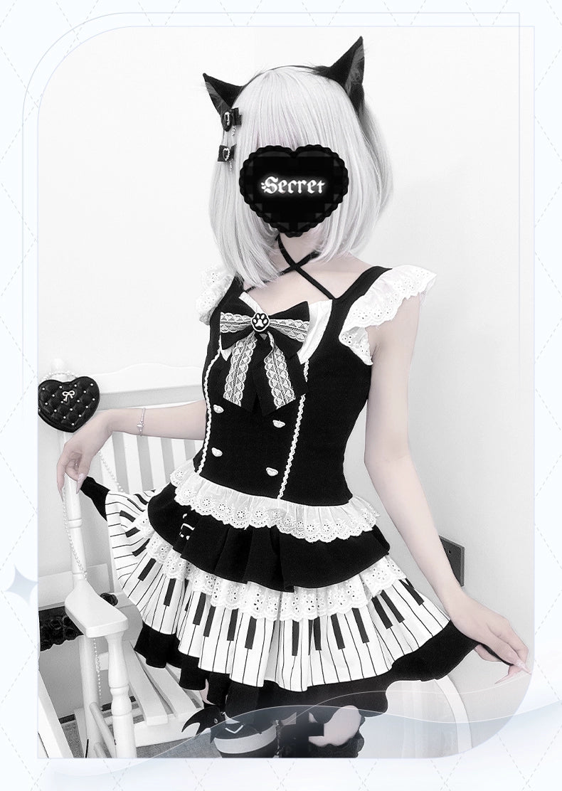 Halter Neck Kawaii Skirt Set, Cat and Piano Print 43577:780198