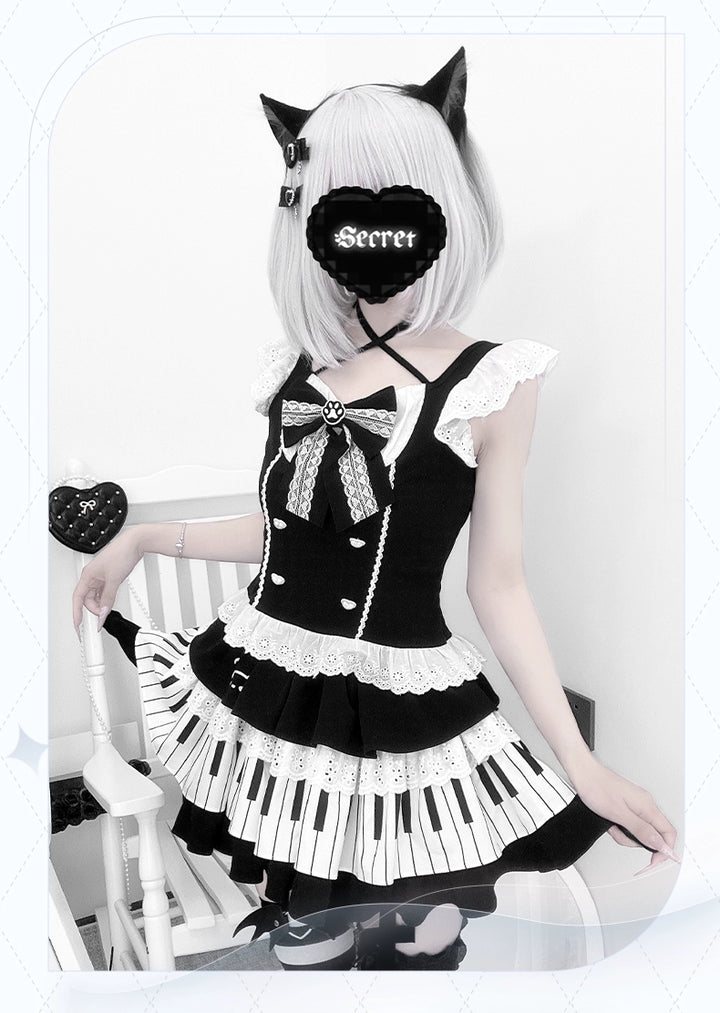 Halter Neck Kawaii Skirt Set, Cat and Piano Print 43577:780198