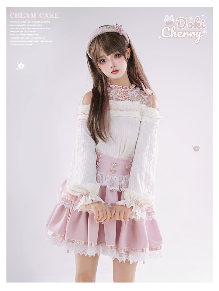 Jirai Kei Sweater Open-shoulder Sweater Pink Tiered Skirt 39408:628118