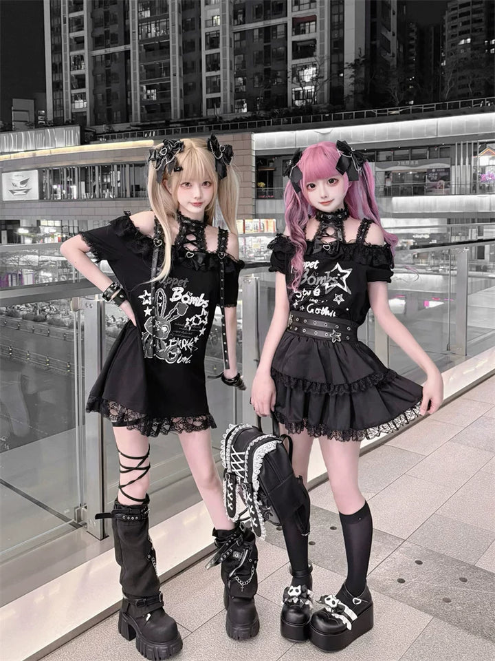 Halter Neck Punk Bunny Print T-shirt, Layered Star Skirt 45361:851441