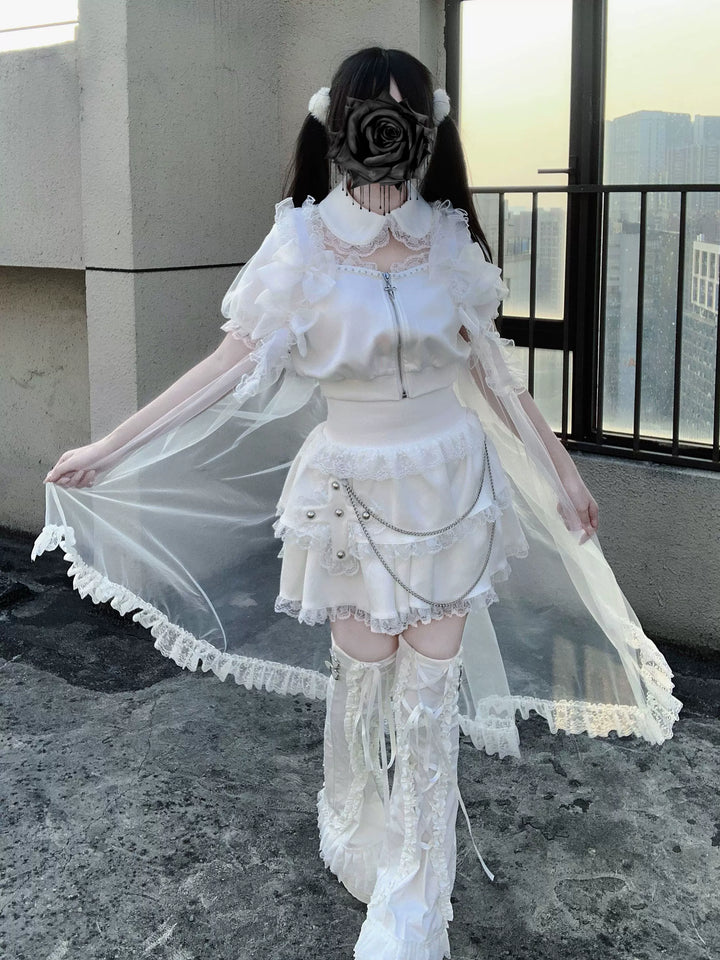 Jirai Kei Skirt & Zip-up Top, Tulle Vest 45009:838770