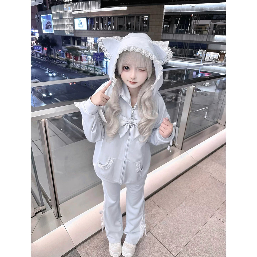 Tenshi Kaiwai Cat Ear Zip-Up Hoodie, Side Lace Pants 45585:856973