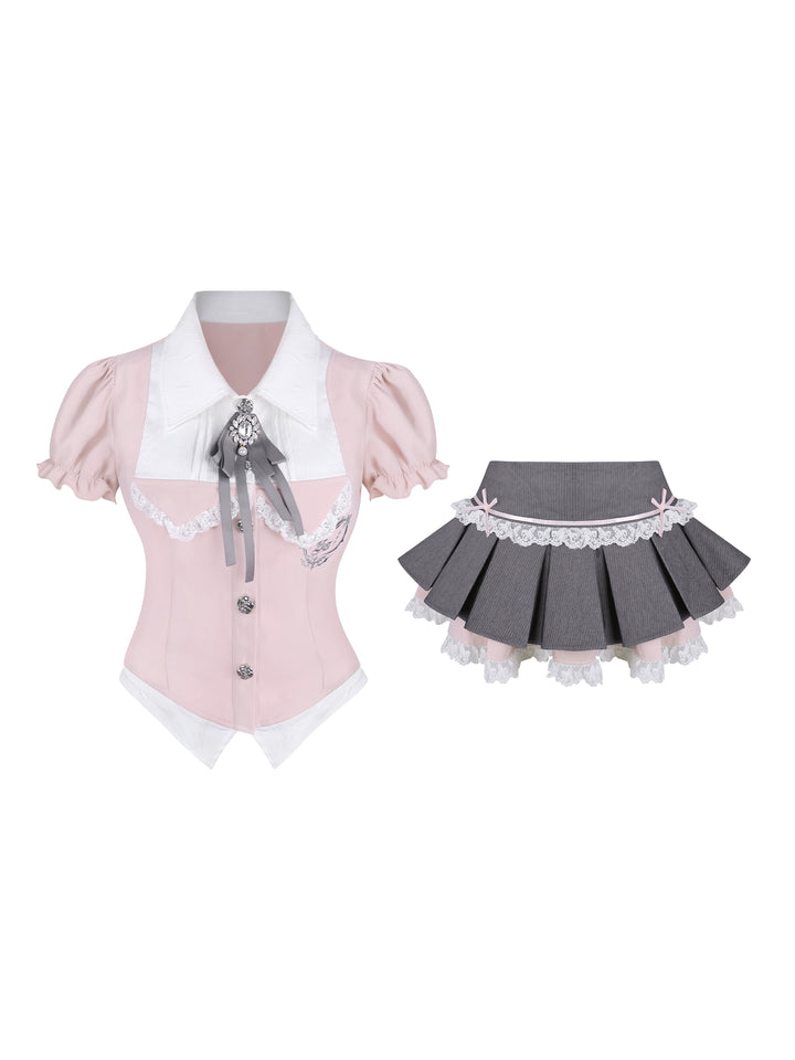Preppy-Style Gyaru Outfit, Slim-Fit Blouse + Pleated Skirt 43435:779708
