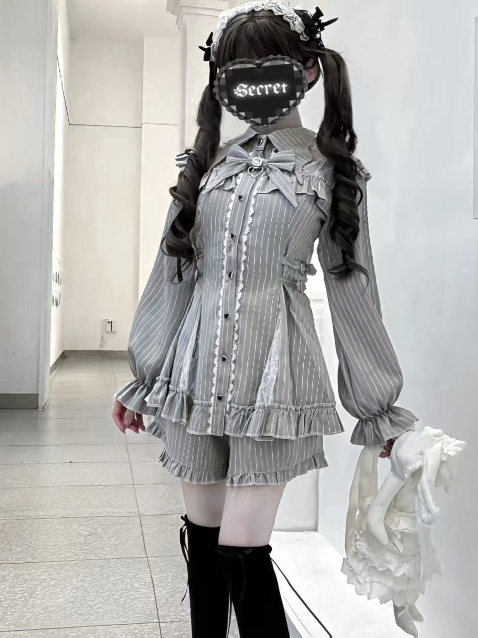 Striped Jirai Kei Dress Set, Elastic-Waisted Shorts 44295:805537