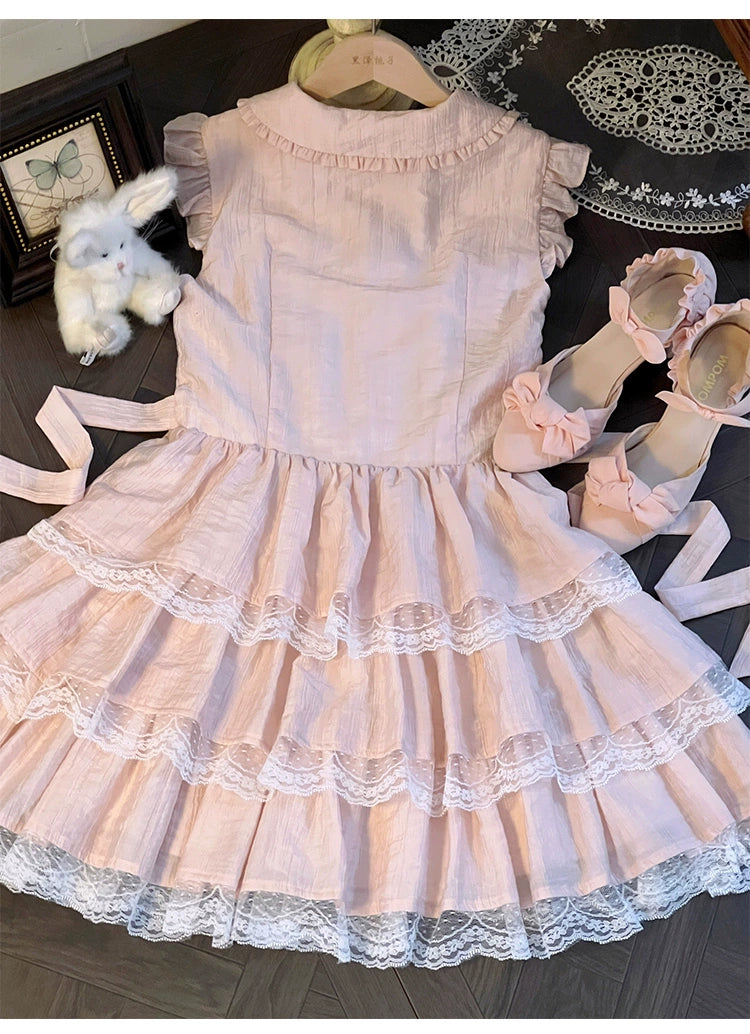 Sweet Style Lace Trim Dress, Tiered Ruffles 43546:779199