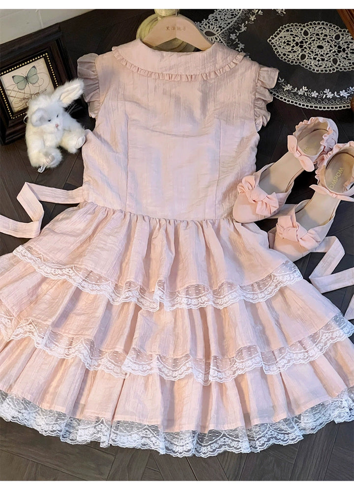 Sweet Style Lace Trim Dress, Tiered Ruffles 43546:779199