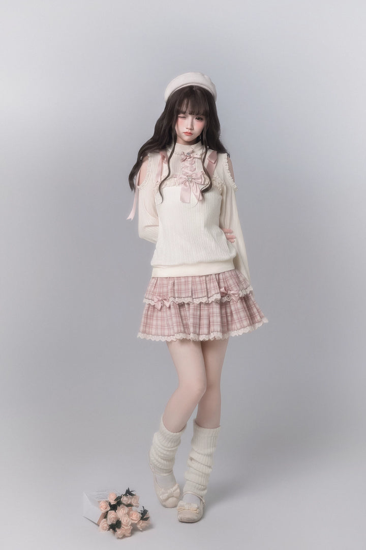 Ryousangata Open-Shoulder Sweater, Tiered Plaid Skirt 44776:824061