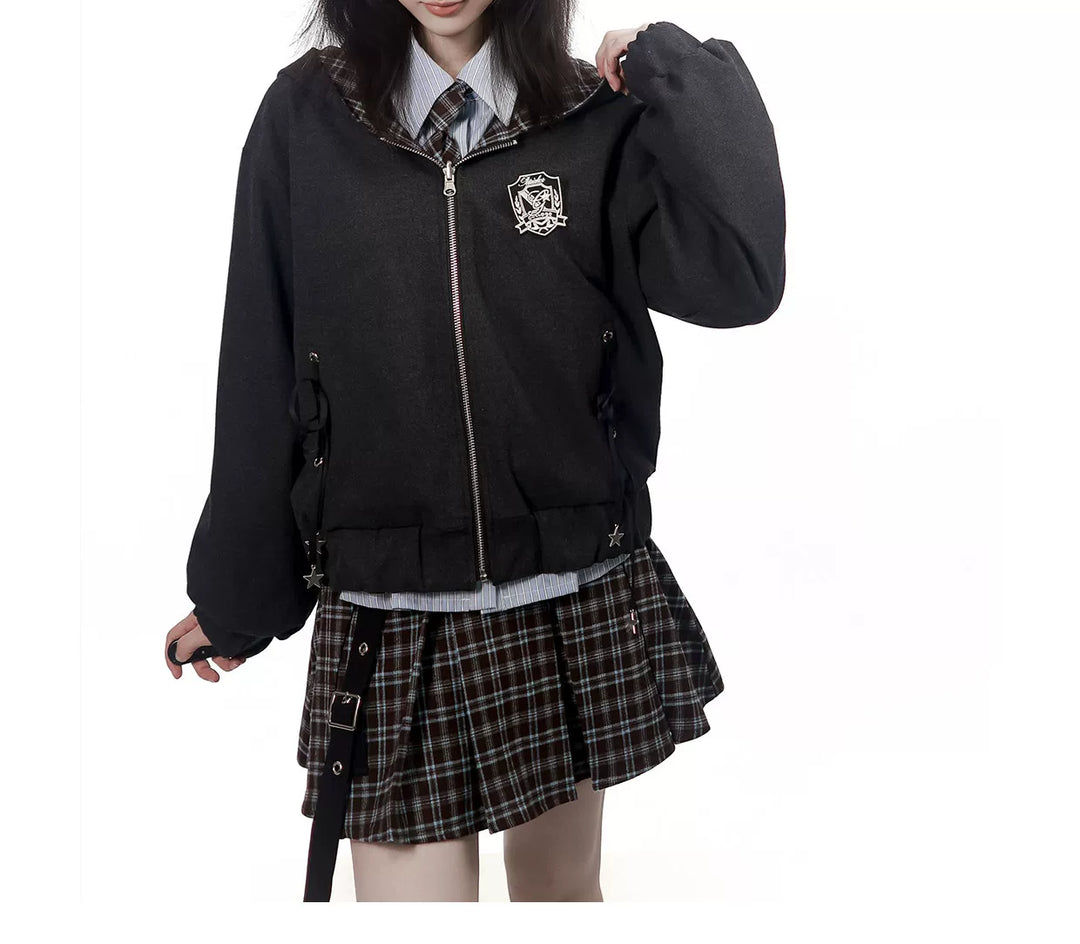 Preppy Reversible Plaid Jacket Set, Striped Blouse 45874:868435