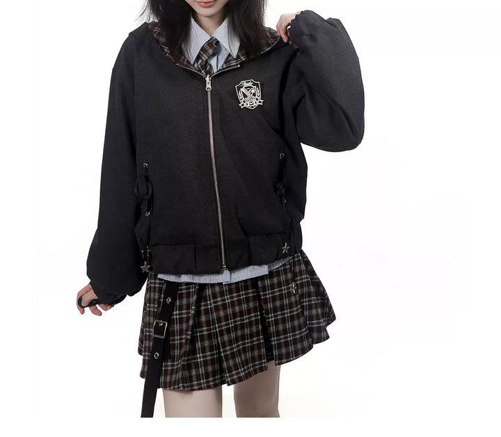 Preppy Reversible Plaid Jacket Set, Striped Blouse 45874:868435
