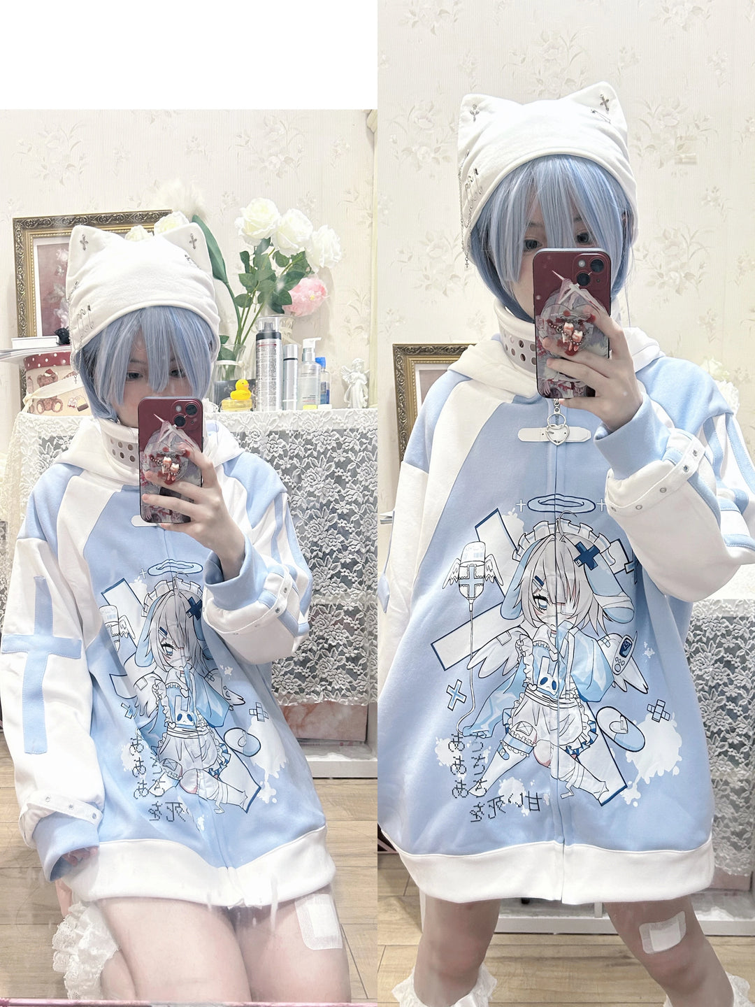 Tenshi Kaiwai Blue Hoodie With Bunny Ears 29208:354898