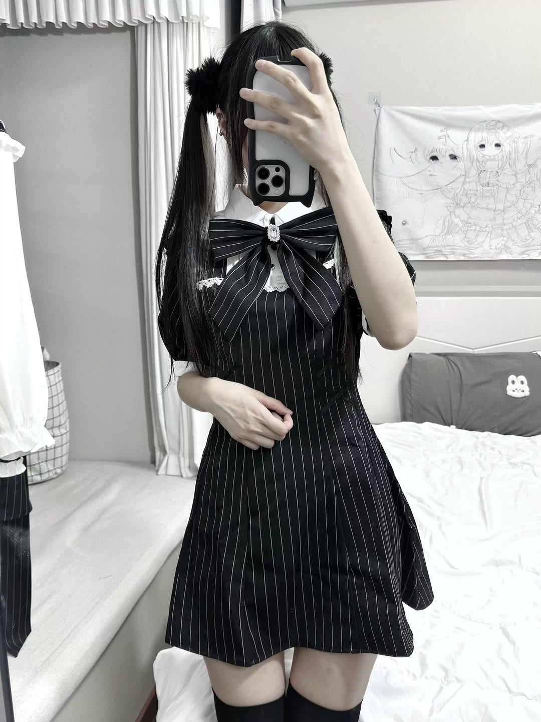 Jirai Kei Striped Short Sleeve Dress, Detachable Bow Tie 45798:862896