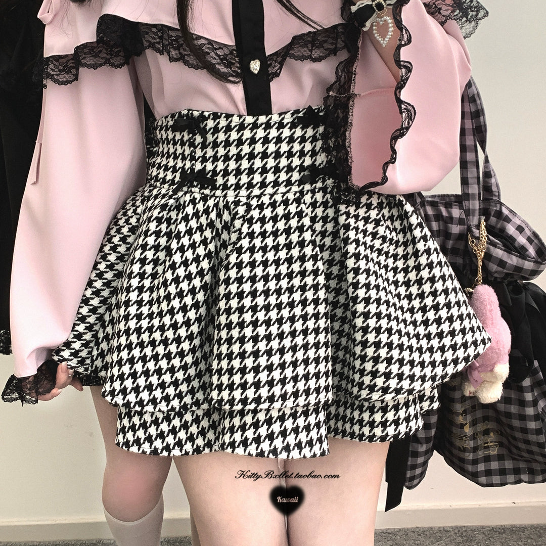 Jirai Kei Skirt Double Layer Black White Houndstooth Skirt 40020:649390