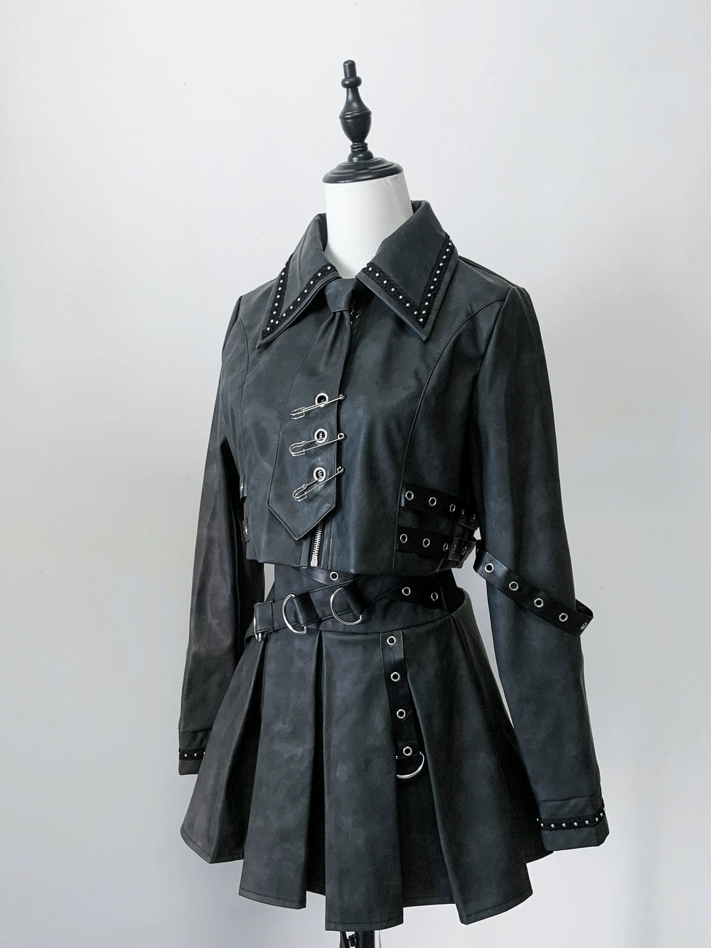 Punk Style PU Jacket, Pleated Skirt 44568:816016