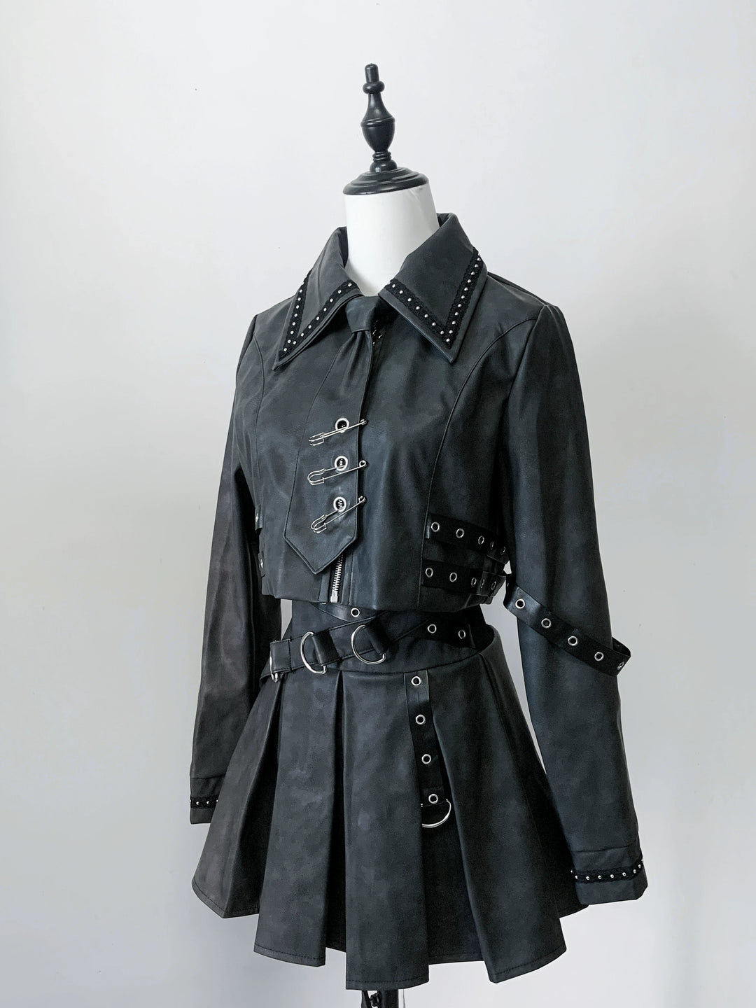 Punk Style PU Jacket, Pleated Skirt 44568:816016