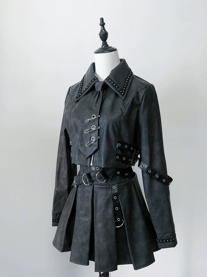 Punk Style PU Jacket, Pleated Skirt 44568:816016