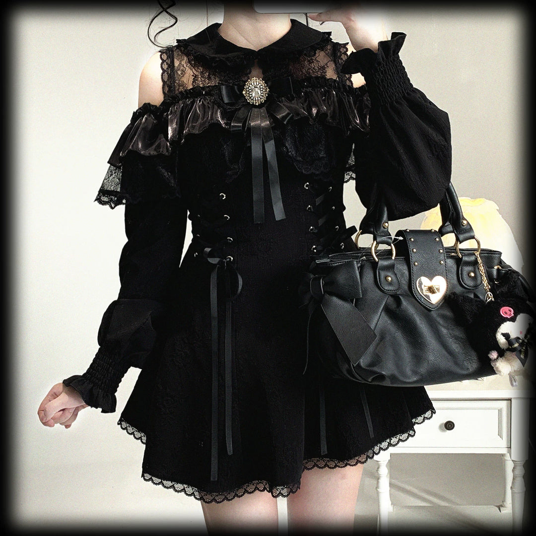 Jirai Kei Open-Shoulder Dress, Bust Lace Flounce Hem 44468:809958