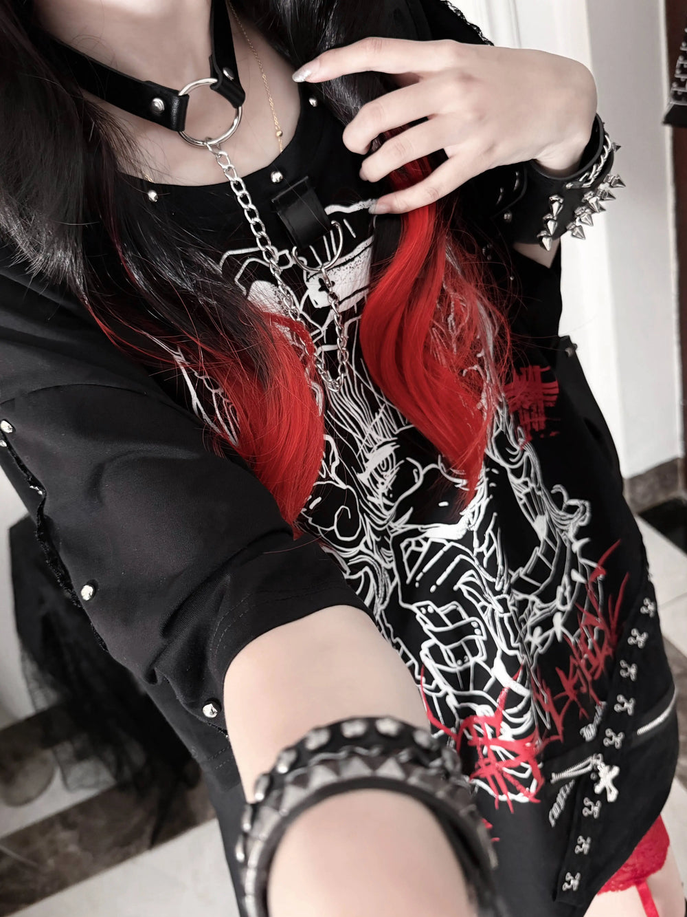 Gothic Cotton Graphic Printed T-Shirt, Detachable Choker 46061:874349