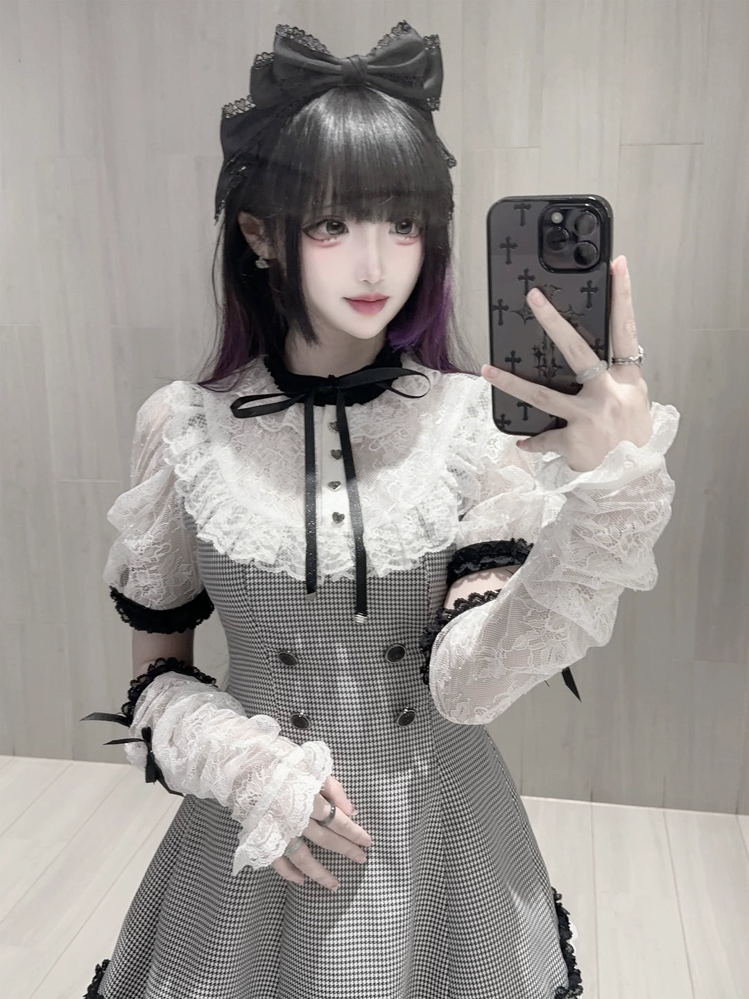 Jirai Kei Houndstooth Pattern Dress, Lace & Detachable Sleeves 44922:828277