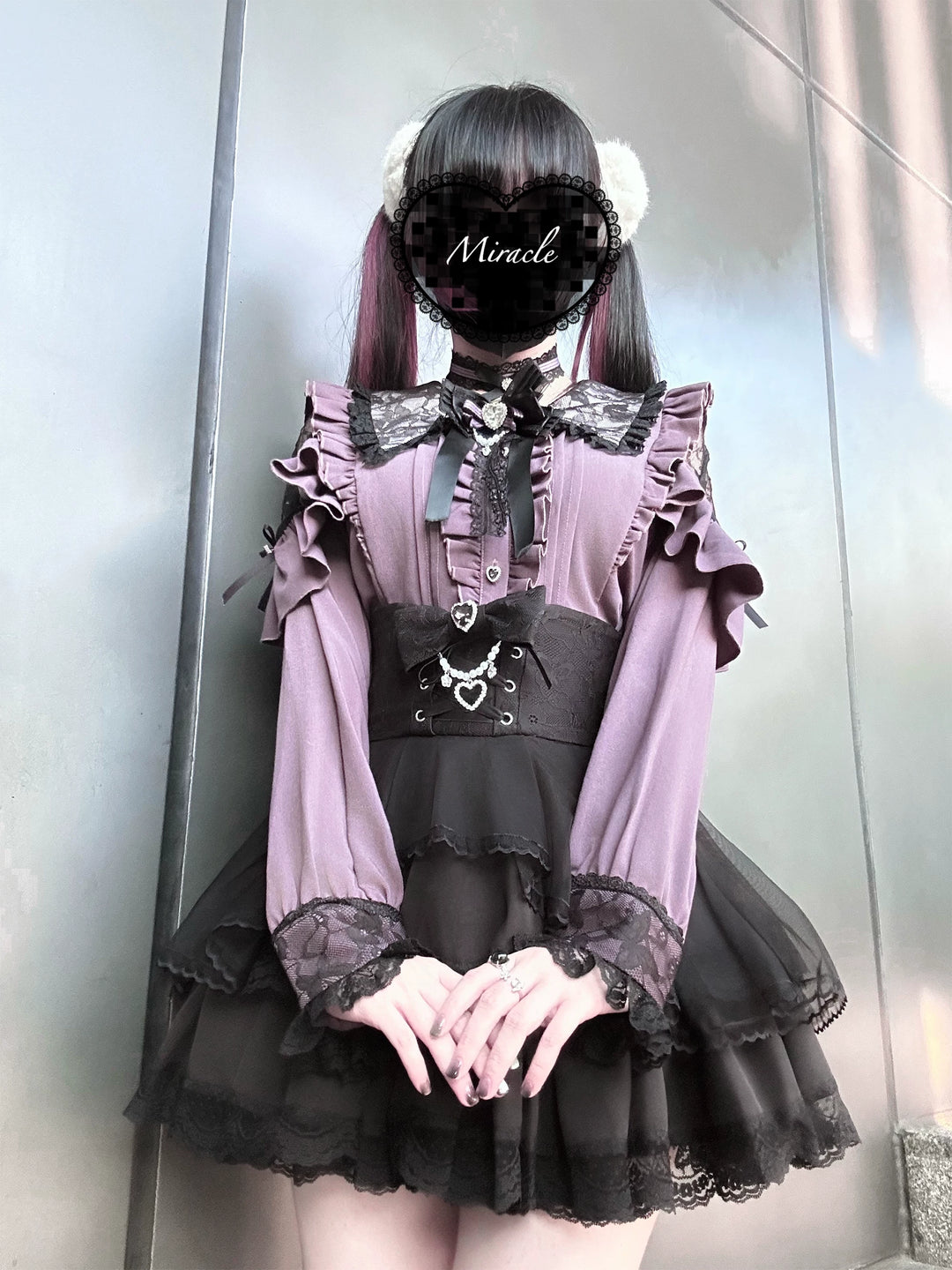 Jirai Kei Long Sleeve Blouse, Lace Open-Shoulder 44588:815088