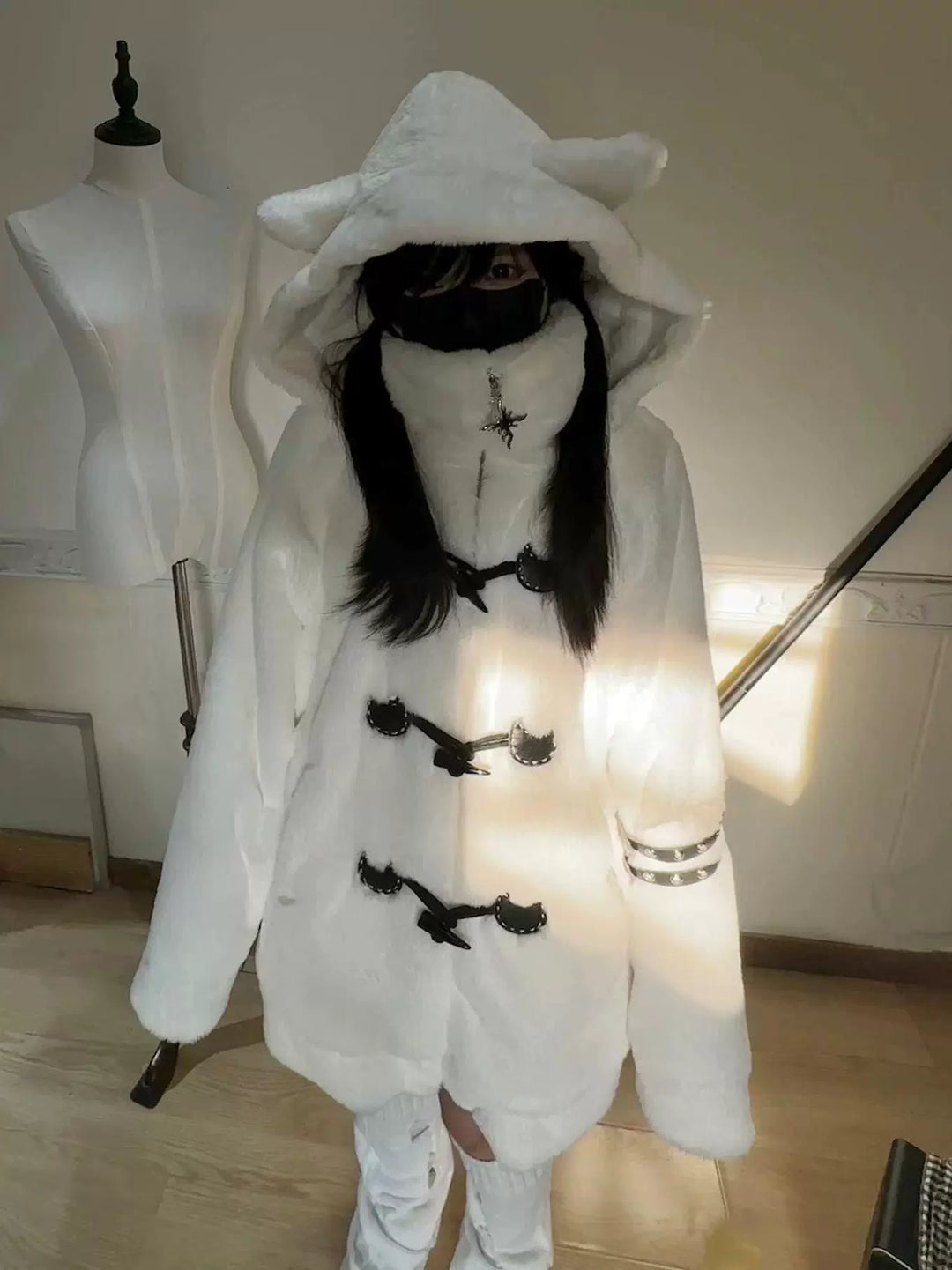 Plus Size Jirai Kei Coat Black White Winter Coat Cat Ear Hooded 40330:658282