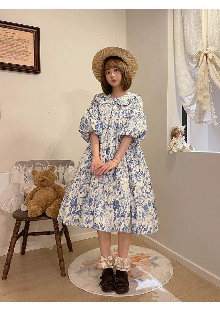 Mori Kei Dress Bubble Sleeve Vintage Green Floral Dress 36552:531228