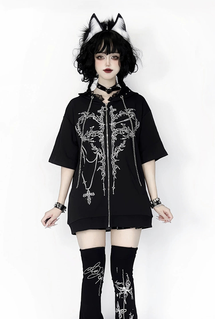 Subculture T-shirt Short Sleeve Top Cat Ear Hooded 39670:636398