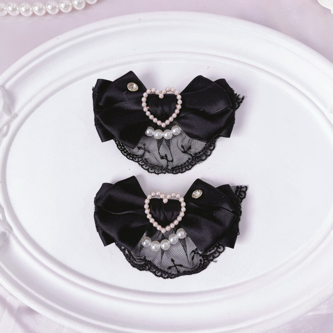 Jirai Kei Bowknot Shoe Clips, Heart-Shaped Faux Pearl 45356:845525