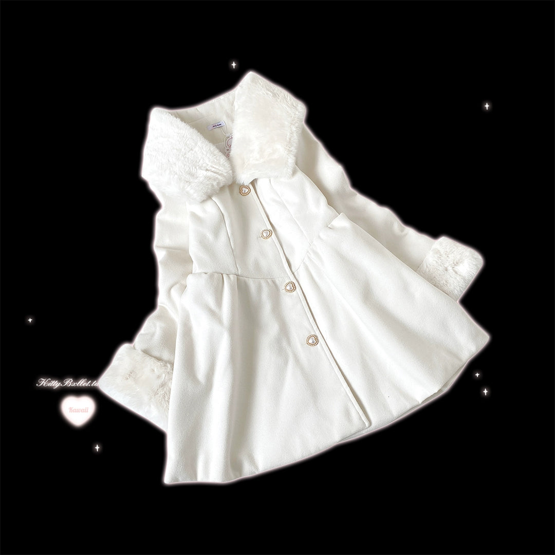 Jirai Kei Coat Detachable Fur Collar Dress Coat Wool-like Jacket (White) 40416:667626