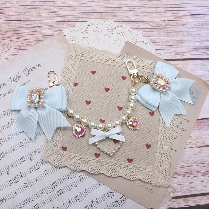 Ryousangata Bag Chain & Bow Charm, Heart-Shaped Rhinestone (Aqua) 45075:839491